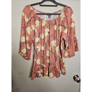 Style & Co Blouse Womens Size 1X Orange Floral On Off Shoulder Short Sleeve